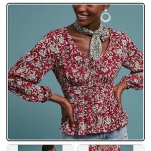 Anthropologie Feather Bone Latrobe Floral Lace Up Smocked Peplum Blouse size 4